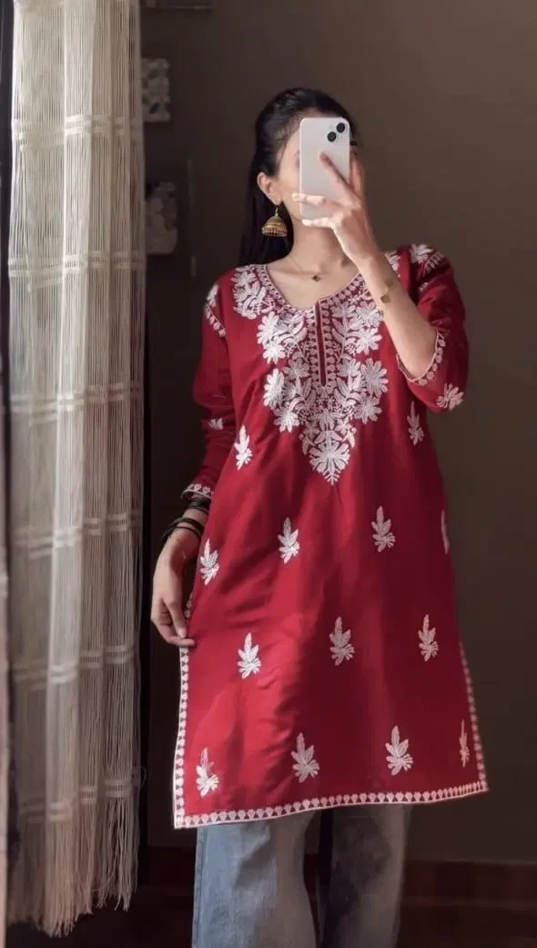 Stylish Linen Kurta for Women - Embroidered Design - 1 Pc - Available in Maroon