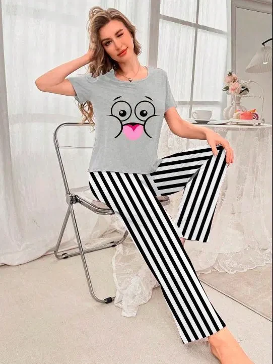 Comfortable Printed Cotton Jersey Night Suit - 2 Pcs Set