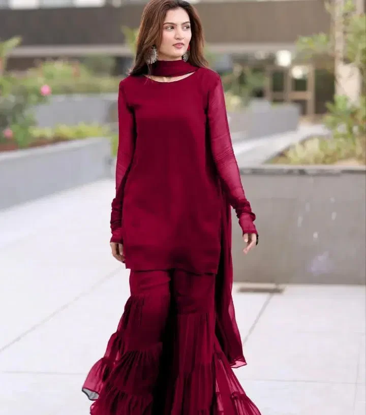 Stylish Chiffon Sharara With Katan Silk Inner- 3 Pcs for Women
