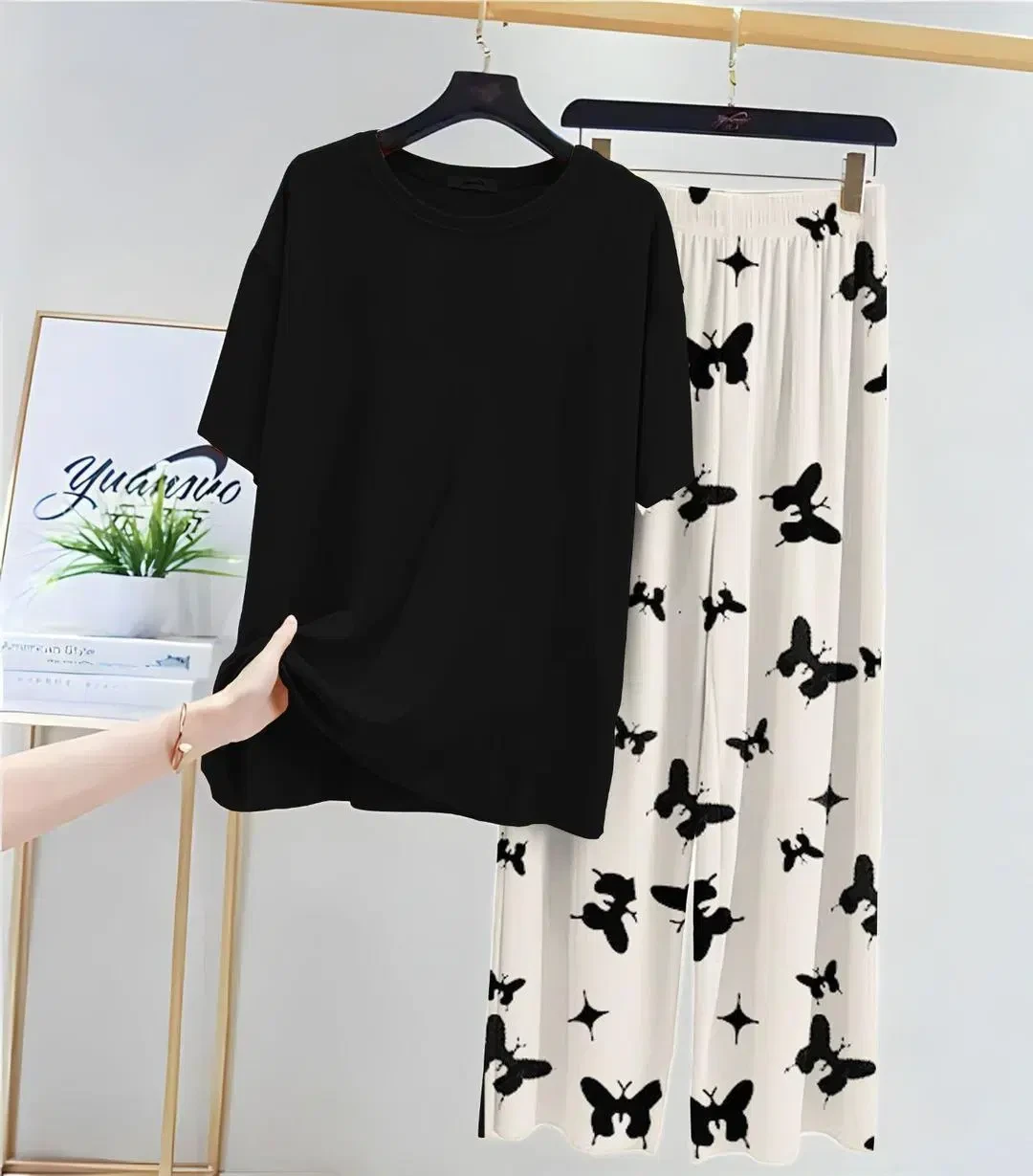 Comfortable Cotton Jersey Night Suit - 2 Pcs Set in Black
