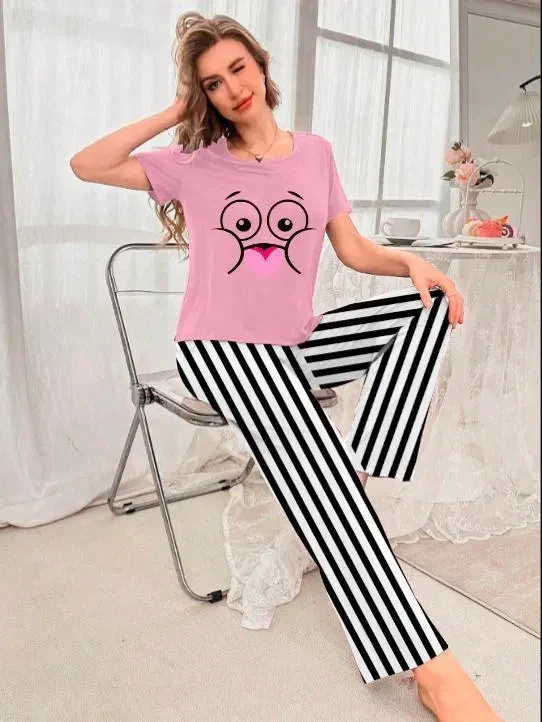 Stylish 2 Pcs Women's Printed Cotton Jersey Night Suit - Round Neck Sleepwear